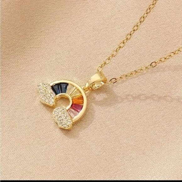 18K Gold Plates Diamond Rainbow & Clouds Necklace - Picture 1 of 4